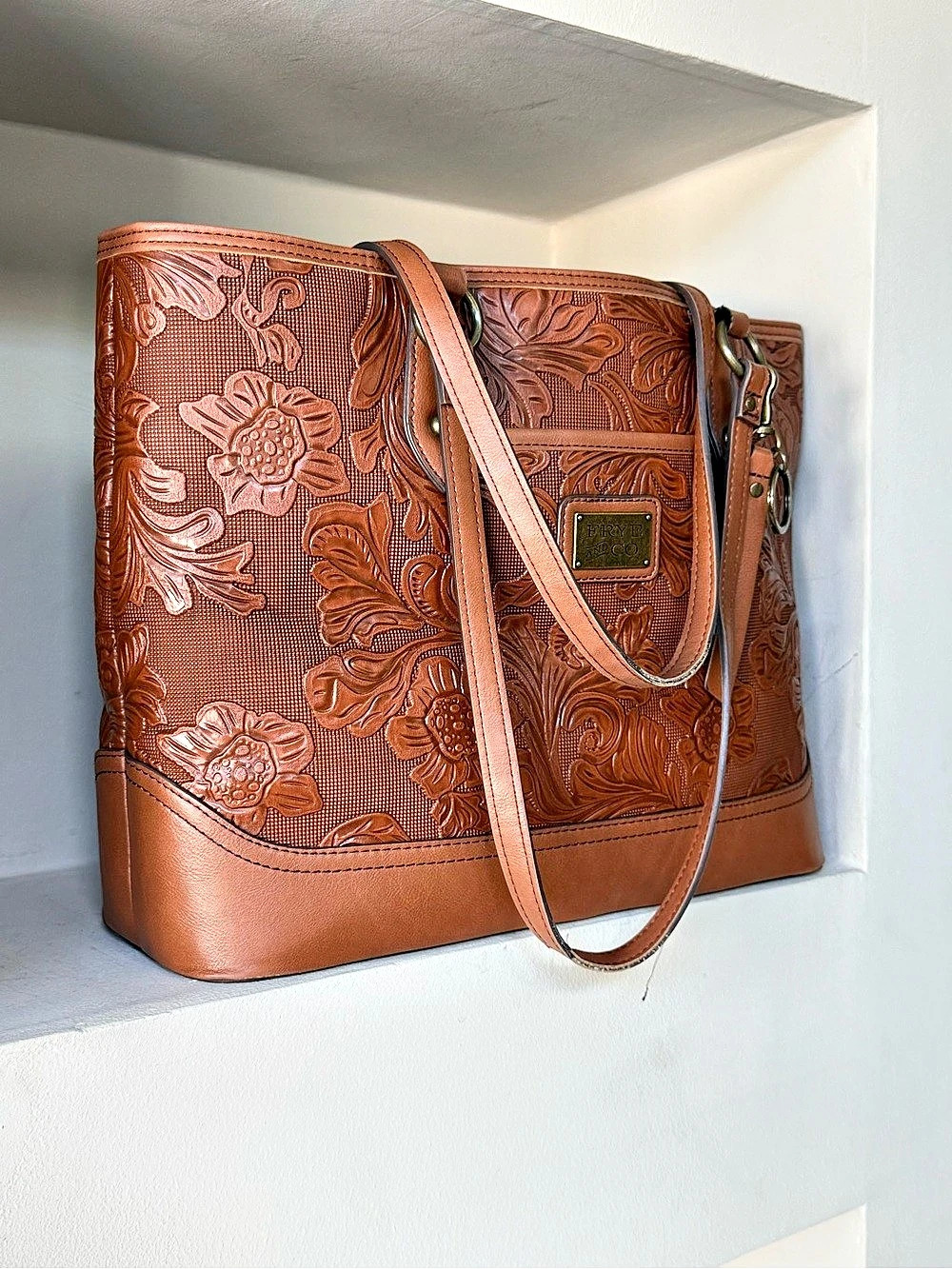 FRYE AND CO. Cognac Brown Floral Embossed Faux Leather Tote
